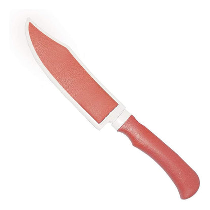 Ceramic kitchen knife with a durable plastic blade cover for enhanced safety.