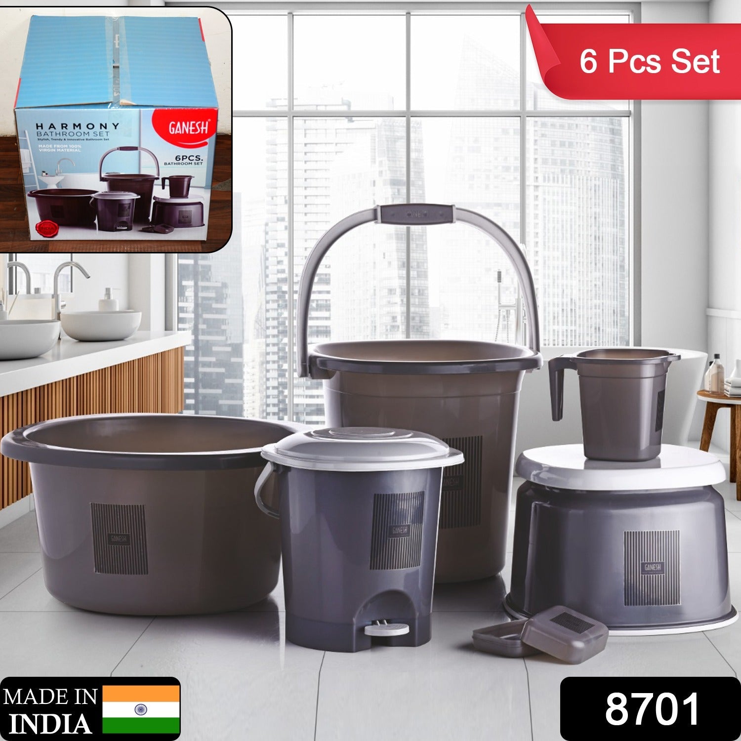 Colorful plastic mug and basin included in bathroom accessories set