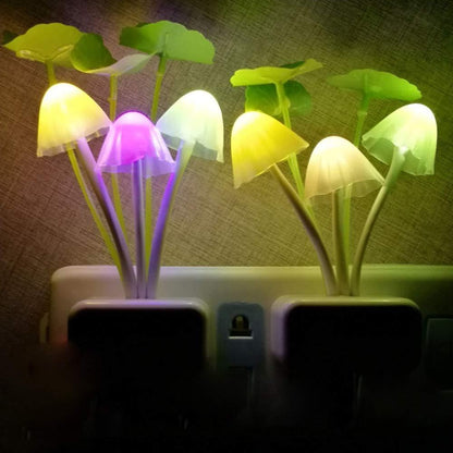 mushroom night light illuminating a dark room with ambient light.