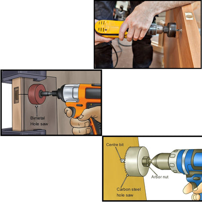 Assortment of hole saw bits from the 12-piece kit, ideal for different diameters.