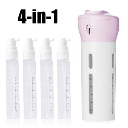 The travel dispenser bottle set disassembled for cleaning and refilling.