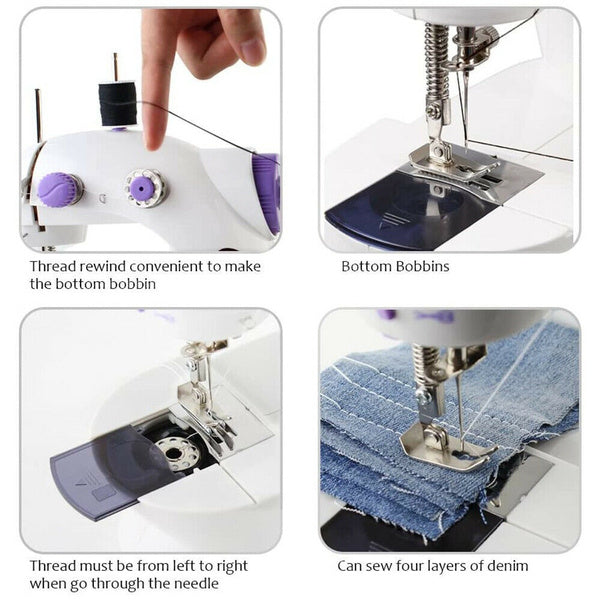 Portable mini sewing machine with included foot pedal for easy operation.