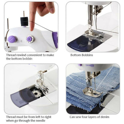 Portable mini sewing machine with included foot pedal for easy operation.