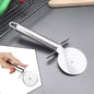 Stainless steel pizza cutter with an ergonomic handle for easy slicing.