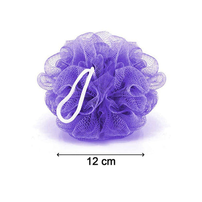 Six vibrant bath loofah poufs displayed together.