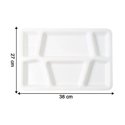 Lightweight plastic meal tray with six compartments for separate servings of food.