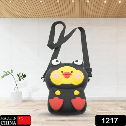 A happy girl wearing the cute children's purse, demonstrating its ideal size and stylish look for everyday use.