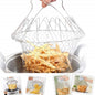 Stainless steel foldable strainer basket being used to drain freshly cooked pasta.