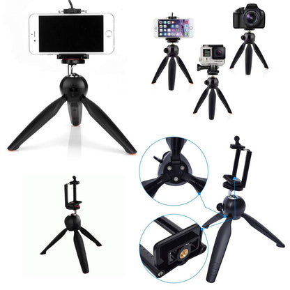 Mini tripod with a smartphone mounted, demonstrating its use as a stable phone stand.