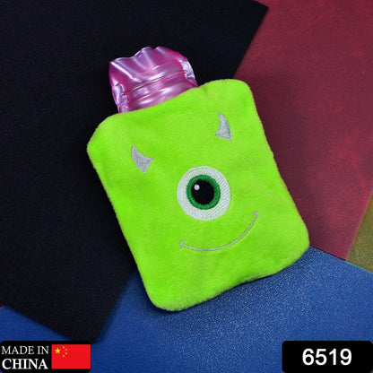 Side view of the monster print hot water bag, showcasing its compact size.