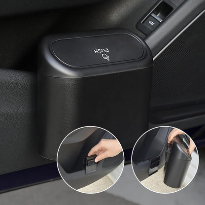 Mini car trash can with auto-rebound lid hanging inside vehicle