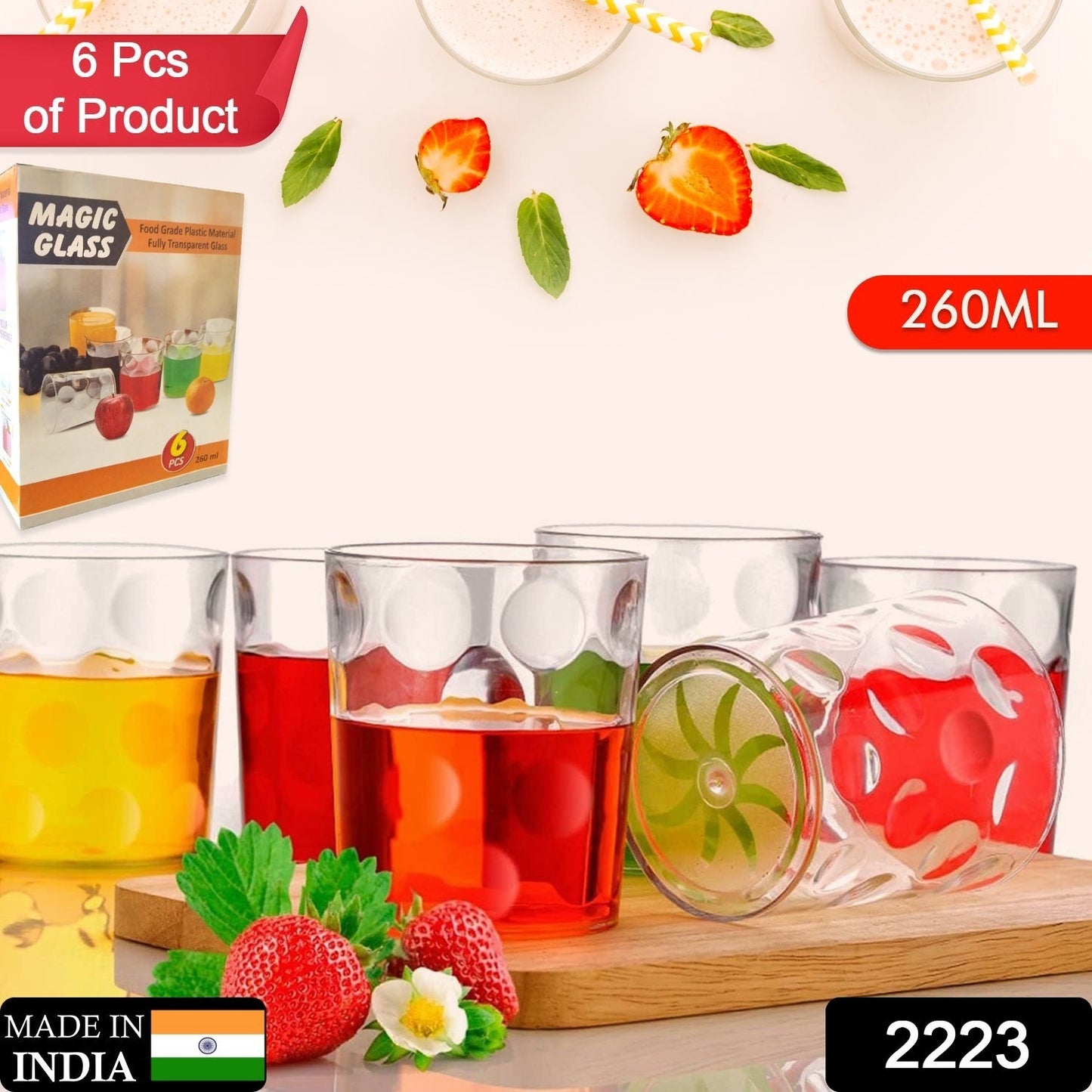Close-up of the bubble design on a transparent unbreakable drinking glass.