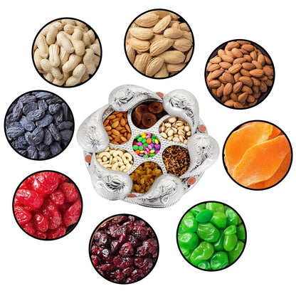 Multi-compartment Rotating Dry Fruit Tray on a table, ready for serving guests.