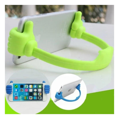 Black hand shape phone holder supporting a smartphone on a desk.
