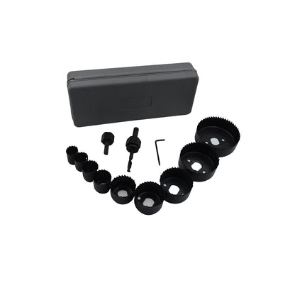 All components of the 12-piece hole saw kit neatly arranged for easy access.