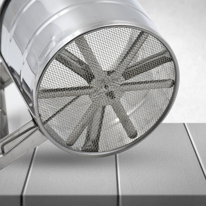 Multipurpose stainless steel flour sifter, an essential kitchen tool for baking.