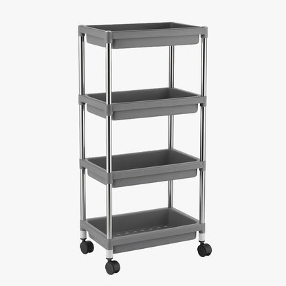 Stainless steel framed multi-tier rolling cart with practical plastic shelves.