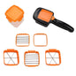5-in-1 multi-functional vegetable chopper with various blades for kitchen tasks.