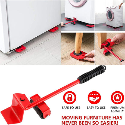 Close-up of the furniture lifter tool in action, raising a heavy cabinet with floor protection.