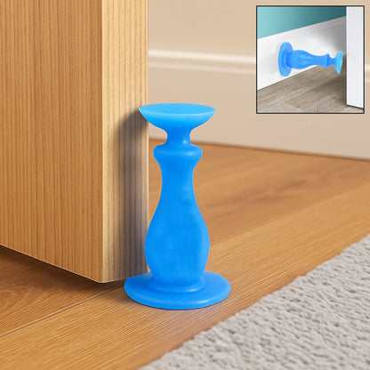 Front view of a rubber washer door stopper with suction cup, ready for use.