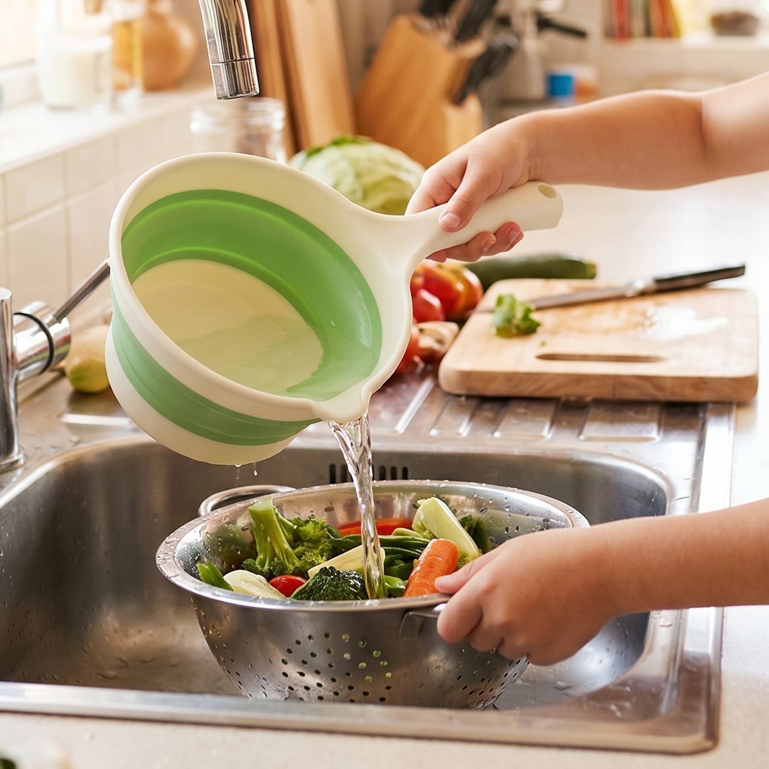 Use of foldable water scoop in bathroom or kitchen