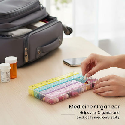 Open weekly pill case with vibrant multicolored lids displayed for easy organization.