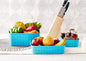 Set of three sky blue storage baskets, perfect for kitchen organization.