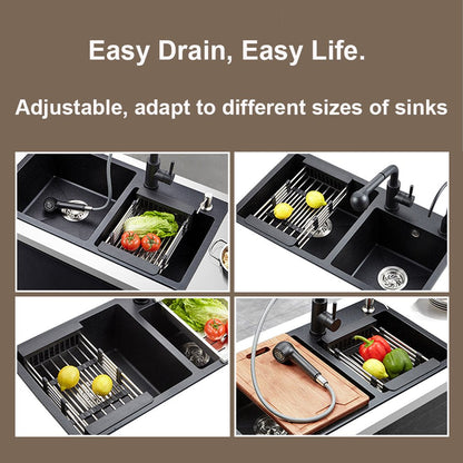 Adjustable kitchen sink drainer extended to show its versatile fit.