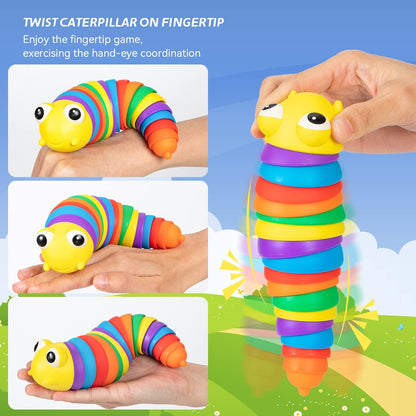 Collection of multiple rainbow plastic slug fidget toys arranged together for display.