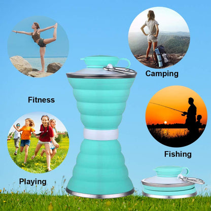 The folding refillable silicone water bottle demonstrated in its compact, space-saving size.