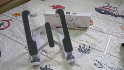 The adjustable tablet stand folded flat, ready for portability.