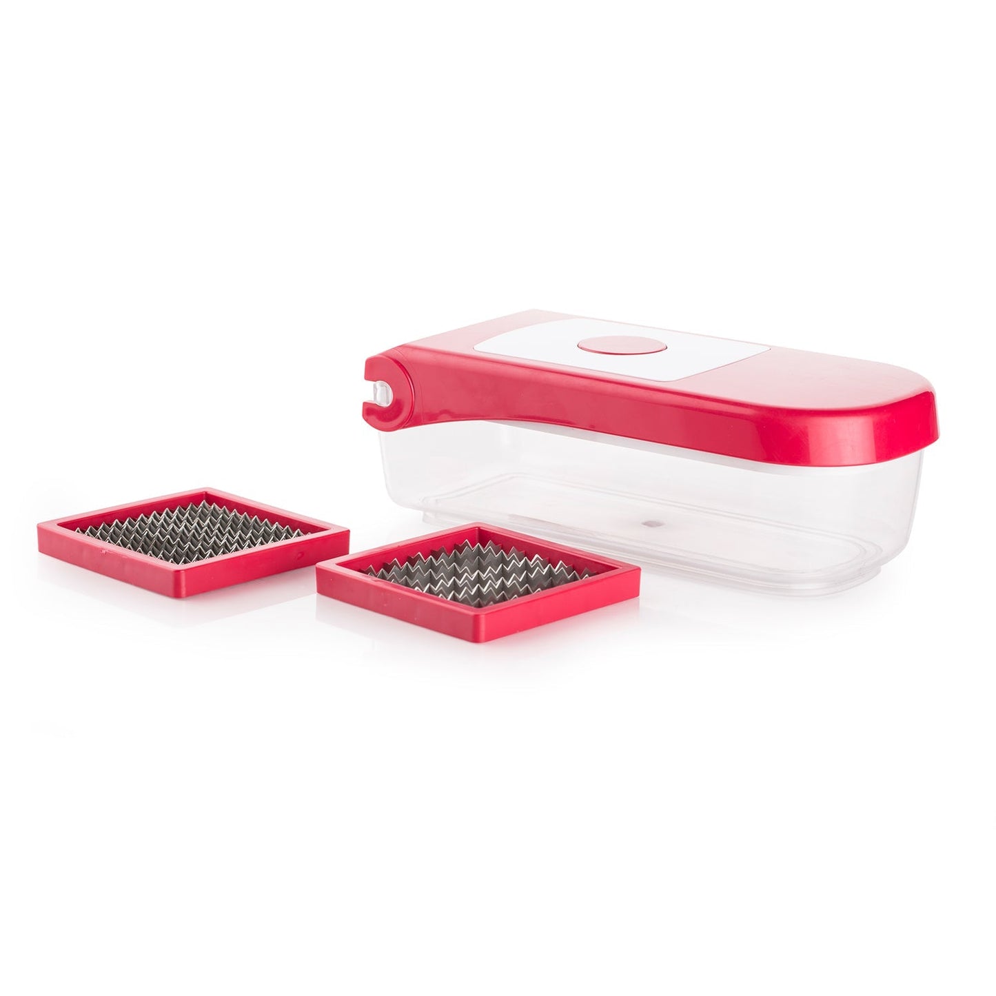 Ganesh vegetable chopper with various blade types laid out, showcasing its versatility.