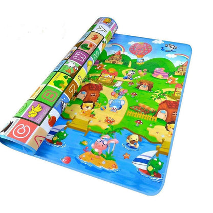 The double-sided baby play mat folded neatly with its carrying bag for easy portability.