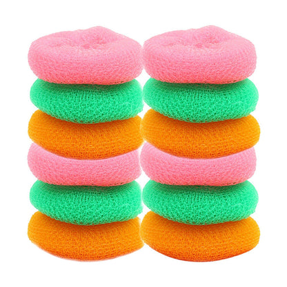 An array of 12 round nylon scrubbers, highlighting the value of this essential kitchen cleaning set.