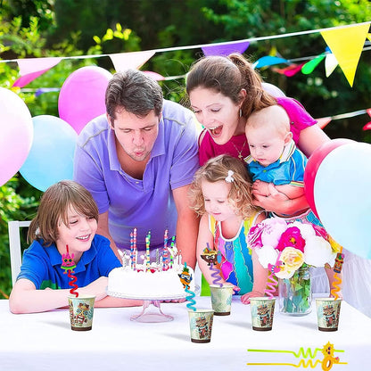 Kids' party straws showcasing playful cartoon truck designs.