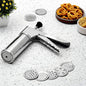 Stainless steel kitchen press with 15 interchangeable discs for making various Indian snacks.