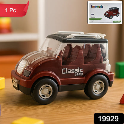 Side view of classic jeep toy car for kids with detailed interior