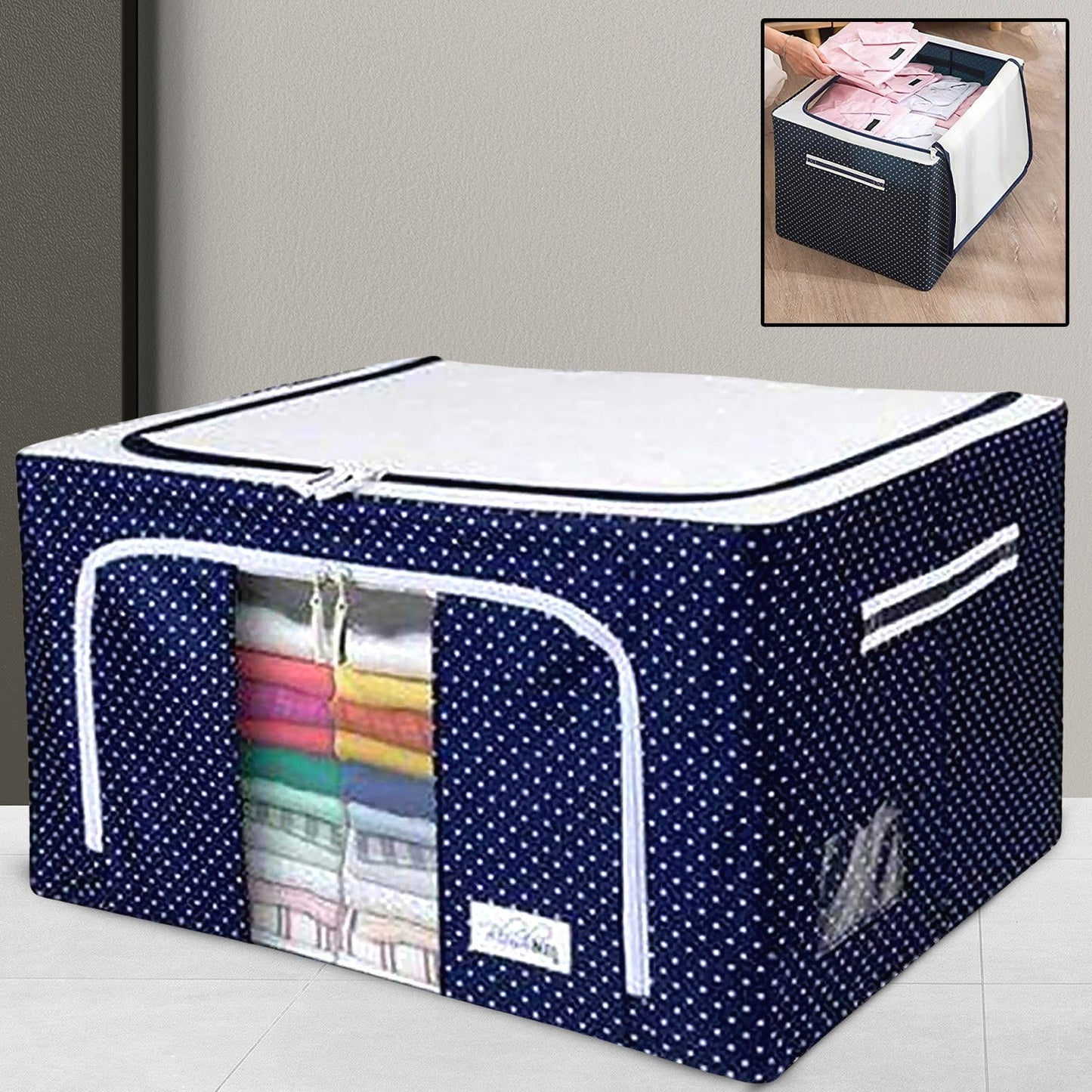 Foldable clothes organizer bag with steel frame structure for durable storage.