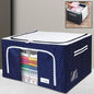 Foldable clothes organizer bag with steel frame structure for durable storage.
