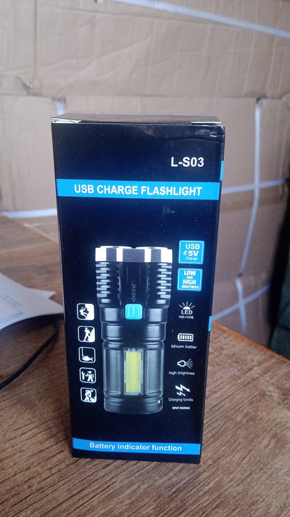 A black box for a USB charge flashlight, featuring an image of the flashlight and various product specifications.