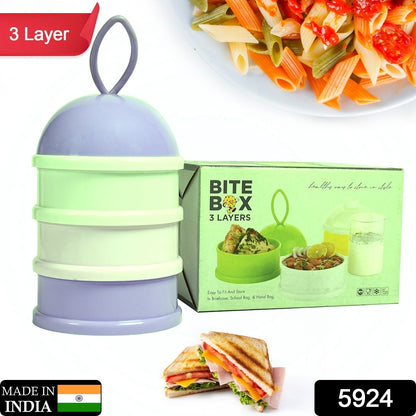 Portable milk powder container with three compartments, perfect for travel.