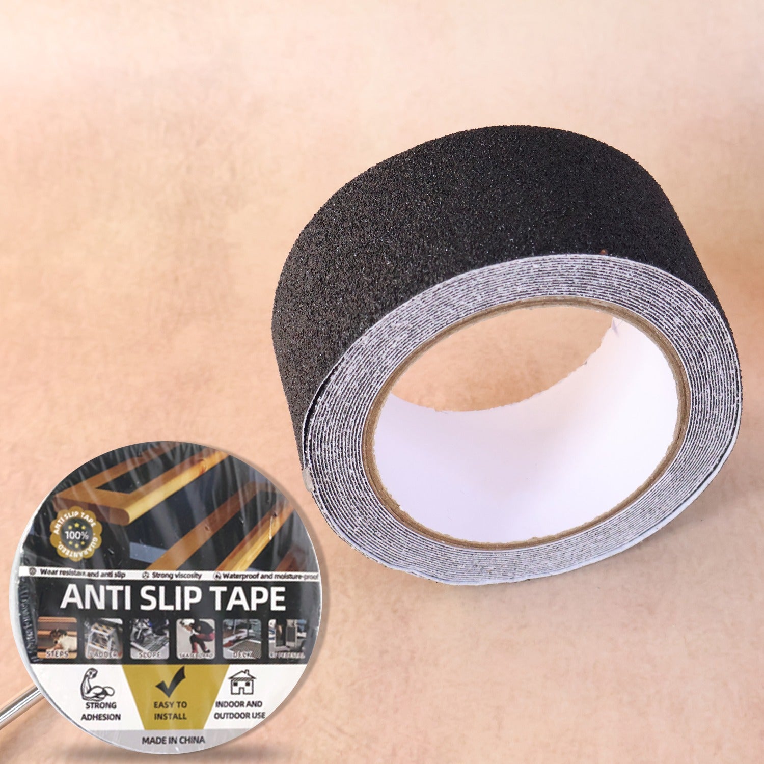 Heavy duty anti-slip safety grip tape roll showing textured surface and black color