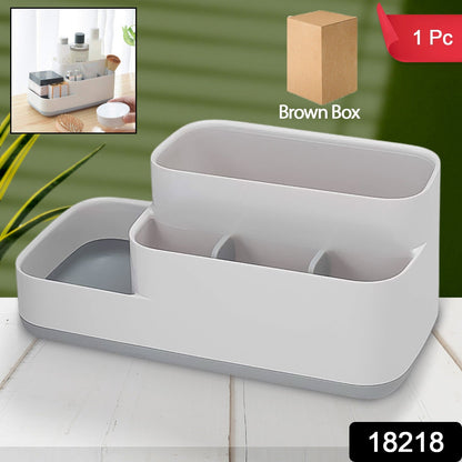 Multipurpose plastic organizer holder on a desk with office supplies.