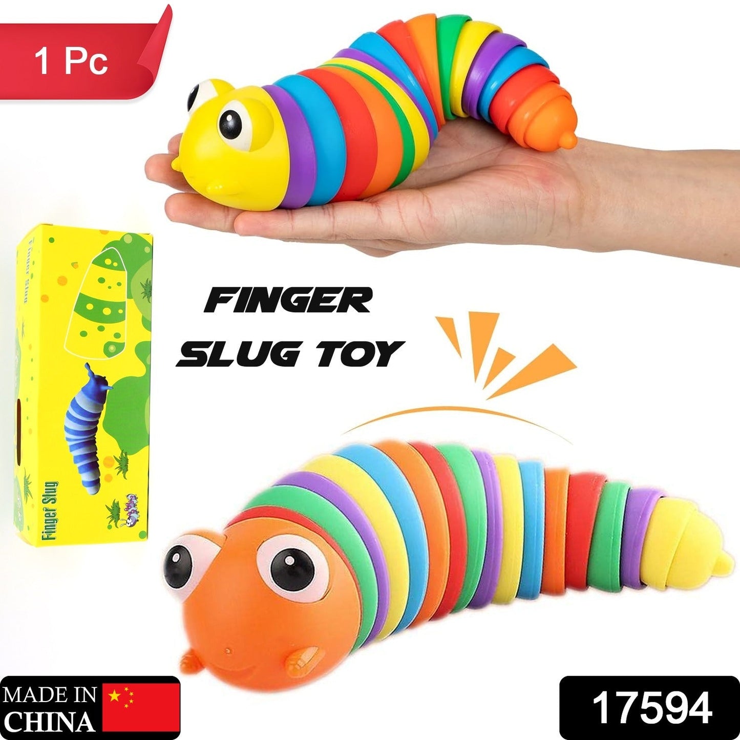 Close-up view of the articulated segments of a rainbow slug fidget toy.