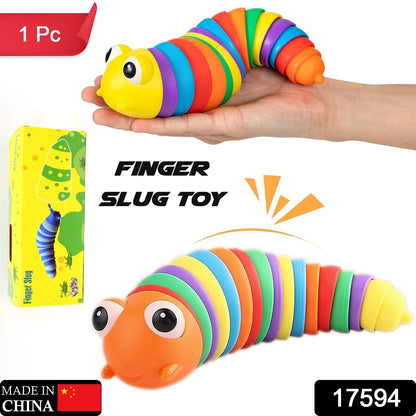 Close-up view of the articulated segments of a rainbow slug fidget toy.