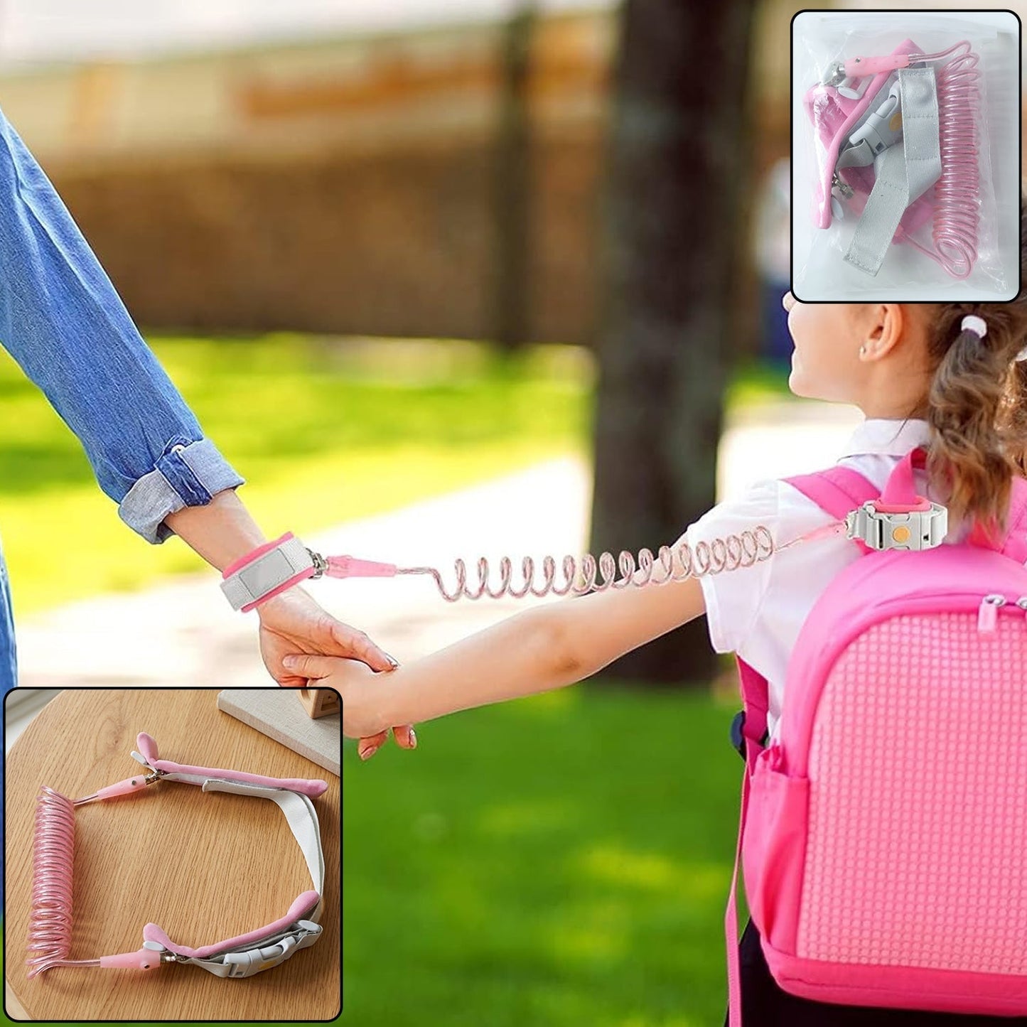 Kids anti-lost wrist link strap with elastic coil leash in use