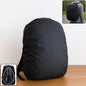 A black rain cover on a backpack, with an inset showing a person wearing it and another showing the cover's elastic edge.