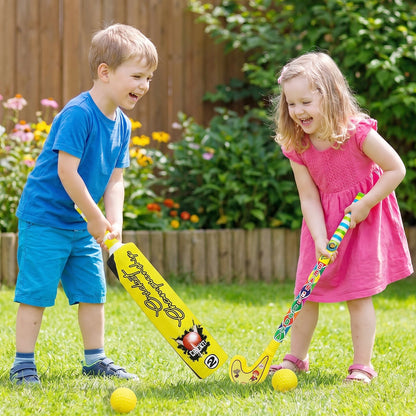 A yellow plastic bat and red ball, essential components of the kids bat ball hockey combo.