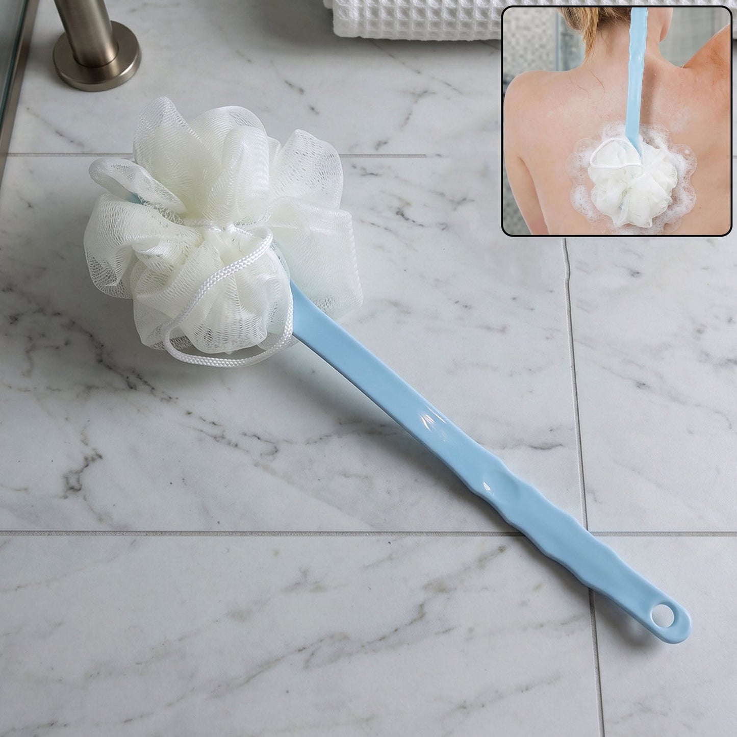 Long handle shower brush with soft bristles for exfoliating skin