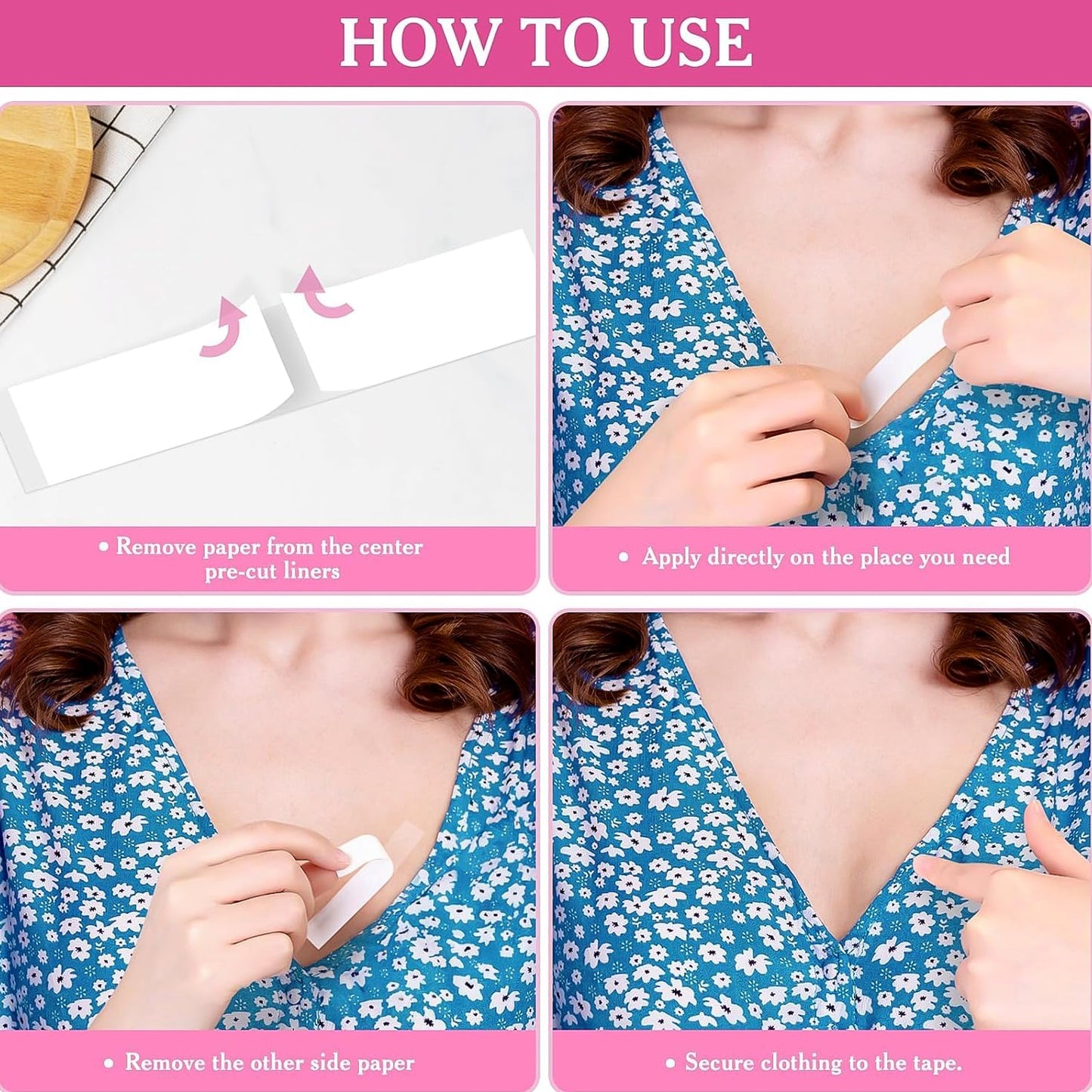 Fashion tape strips securing low necklines and off-shoulder dresses